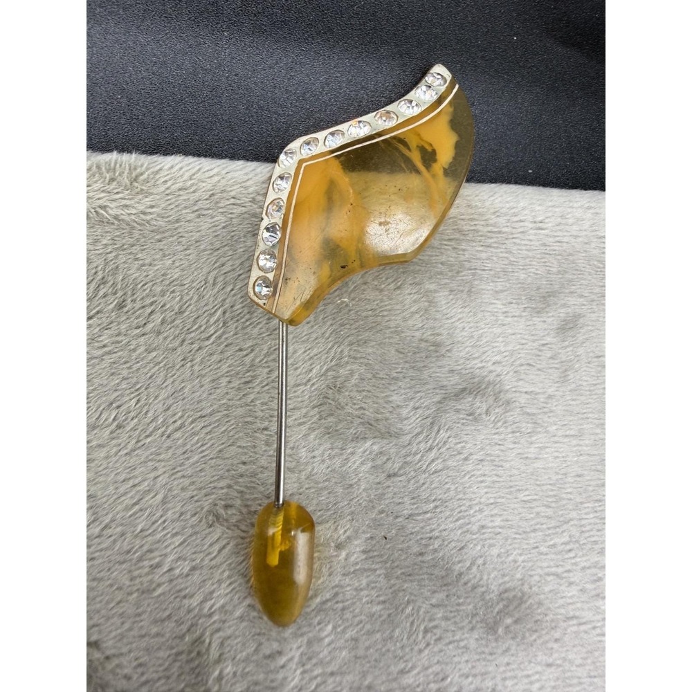 Vintage Estate Jabot Stick Pin Yellow Lucite Rhinestone Swirl 3.25"